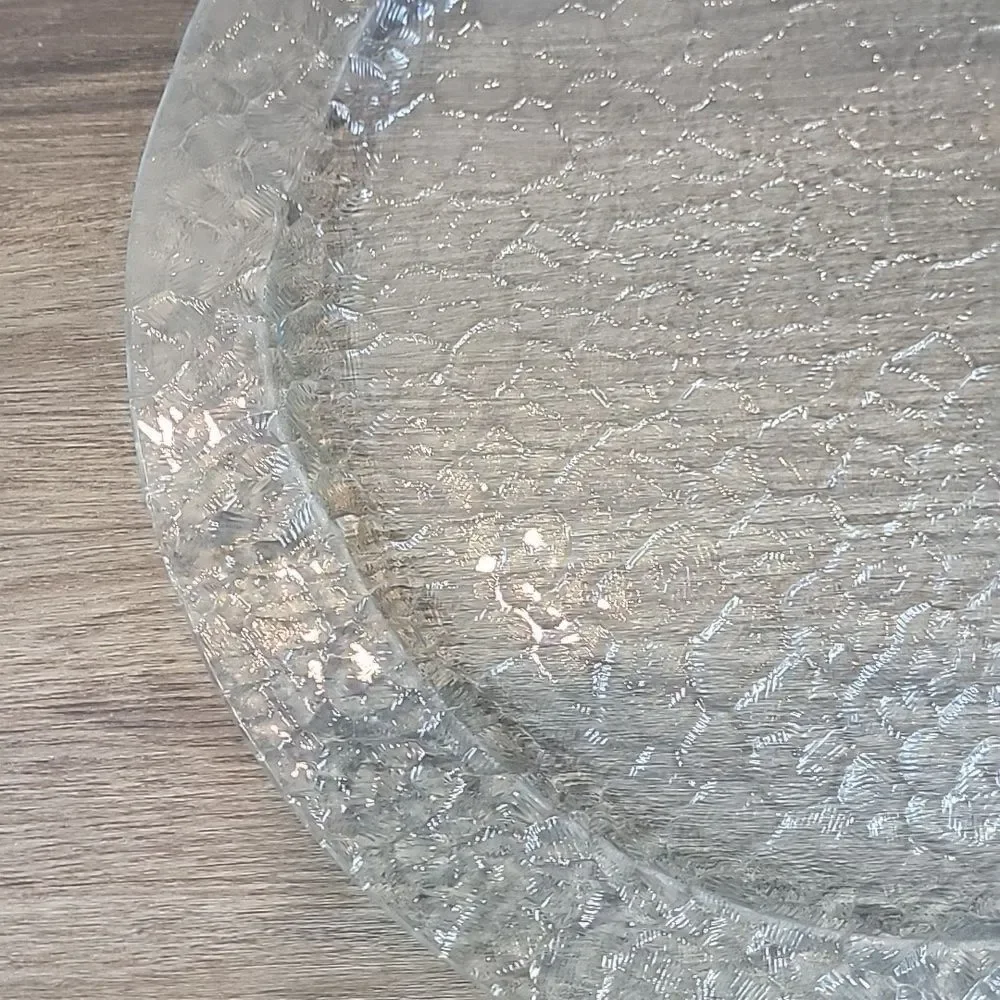 Vintage MCM Crackled Ice Glass Serving Platter With Molded Handles